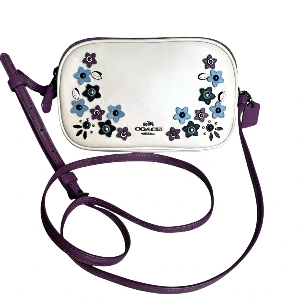 Coach Floral Appliqué Crossbody Bag Off White Purple Leather